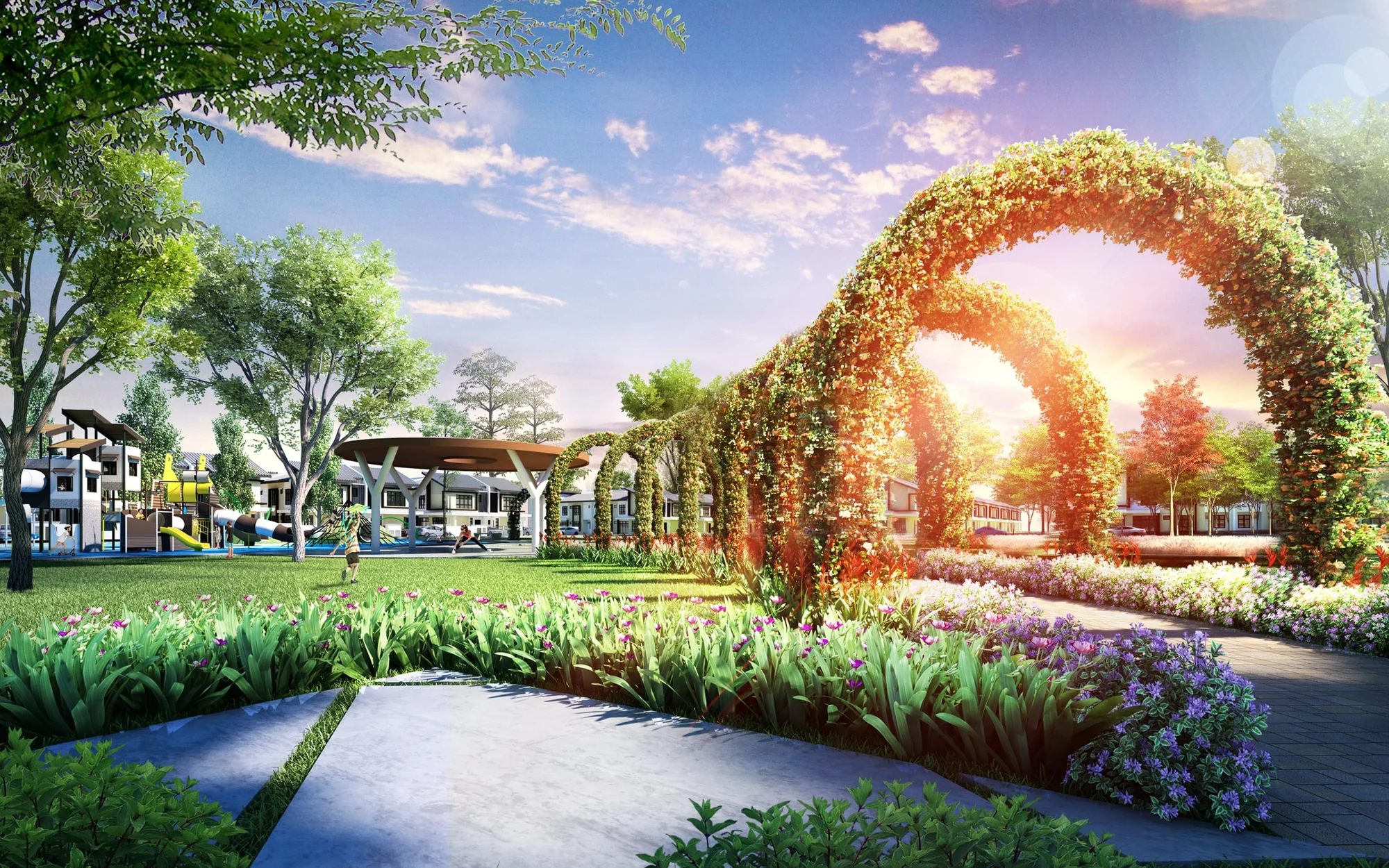 Landscaped Central Park with garden arches, play areas, and family homes