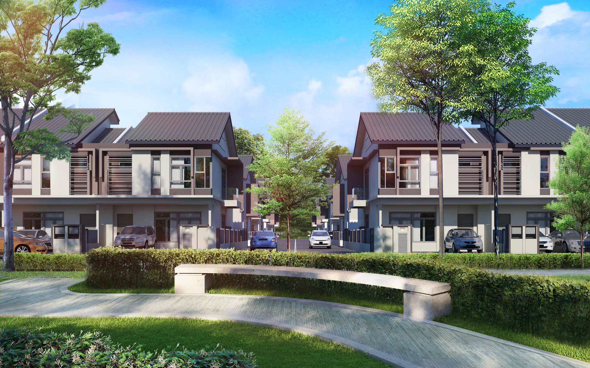Family homes viewed from landscaped park paths