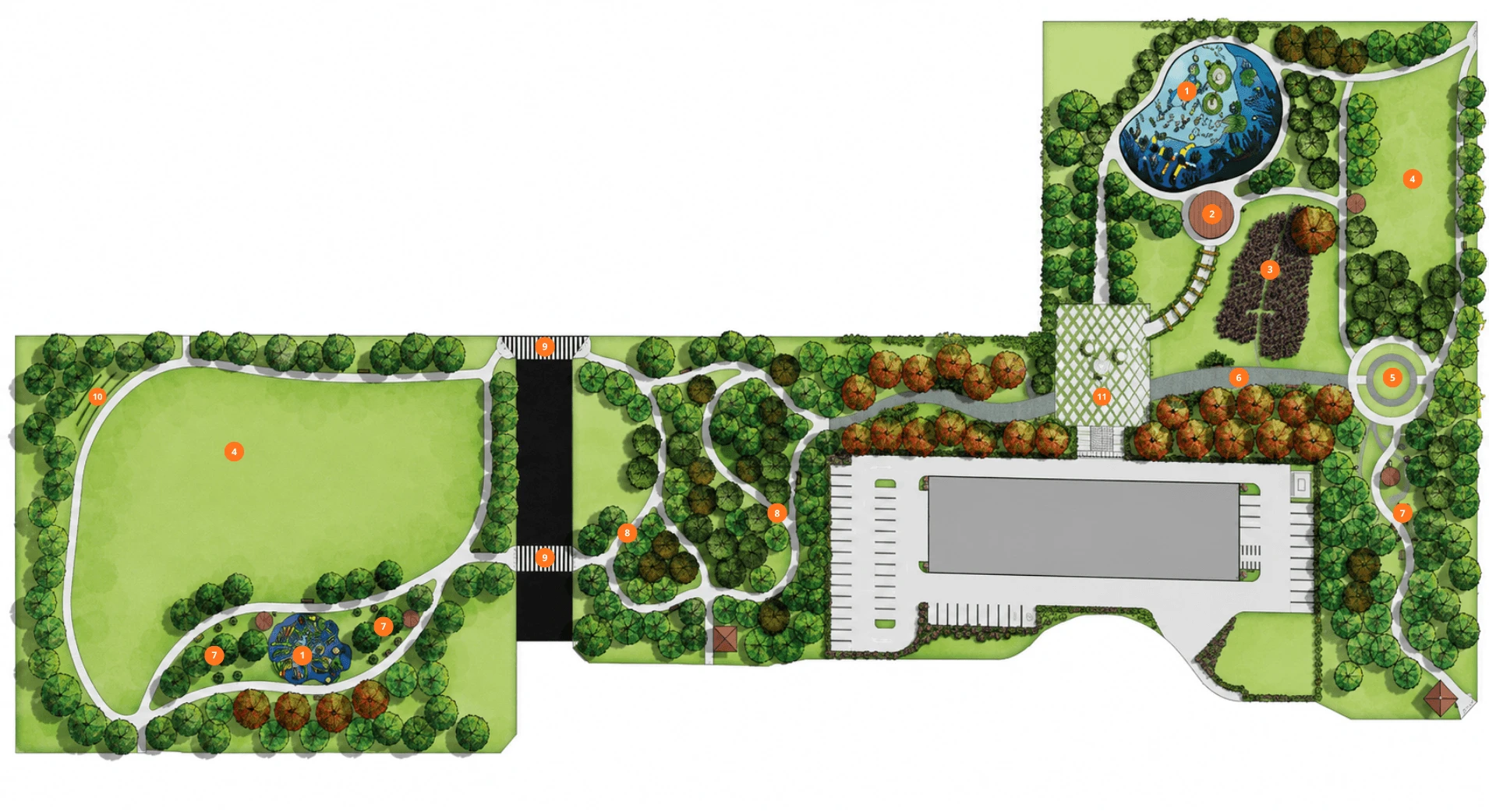 Numbered facilities plan for Taman Mutiara Maju Central Park