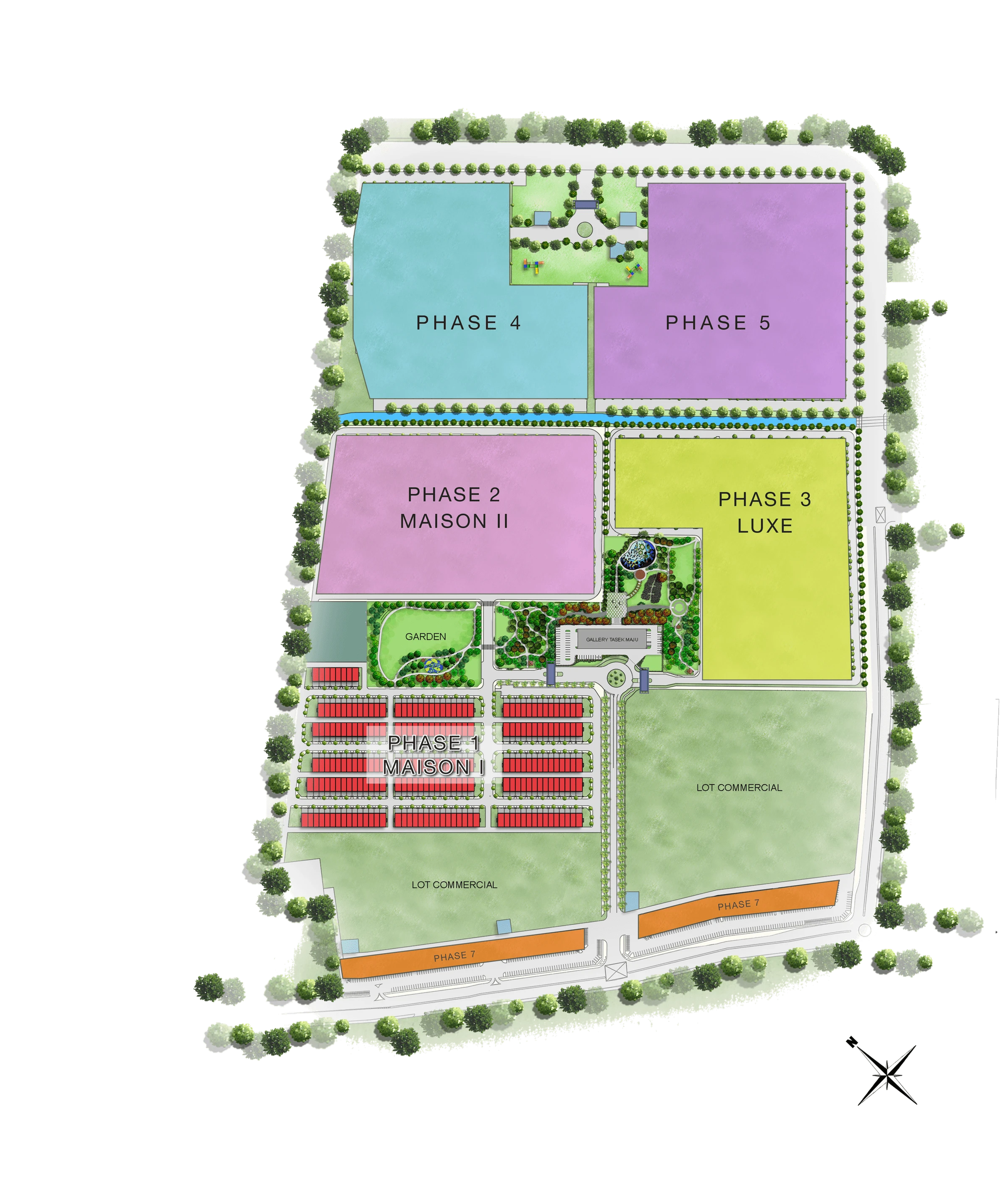 Taman Mutiara Maju master plan showing the coloured development phases and guard house